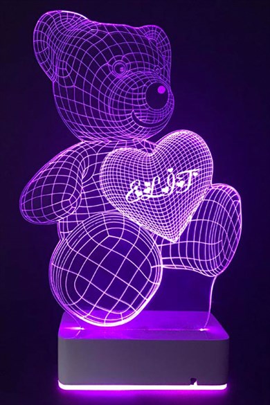 Kişiye Özel 3D Aşk Ayıcık 16 Renk Dekoratif Led Lamba