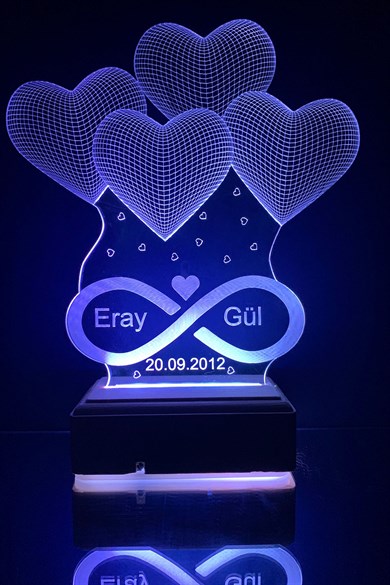 Sevgiliye Hediye 4 Kalpli & Sonsuzluk Tasarımlı 3D Led Lamba